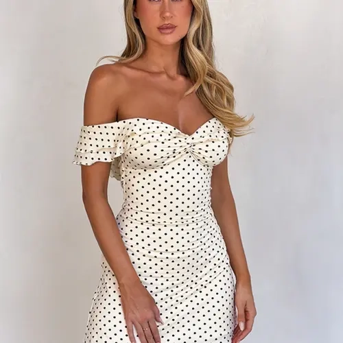 Women Summer Short Sleeve Casual Boho Bohemian Fashion Chic Elegant Party Club Evening Beach Vacation Polka Dot Mini Dress Bohemian Style Dresses