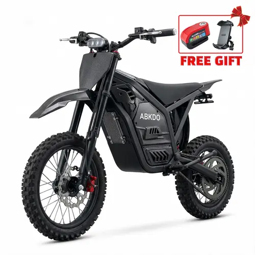 4000W peak Electric bike, 40–50 miles range, equipped with front suspension, a 48V 23Ah battery, 14–12 inch tires, top speed of 45 mph, suitable for riding on snowy mountain roads, includes a front headlight and safety warning lights. Suitable for off-