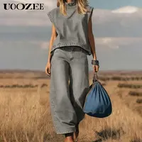 UOOZEE Lady's Vintage Minimalist 2-Piece Woven Denim Clothes Set - Polyester Fabric, Basic Everyday Comfortable Cropped Mock Neck Sleeveless Tank Top, Loose Wide-Leg Pocket Pants, Leather Cap Included (Spring Summer Casual), Style, Statement