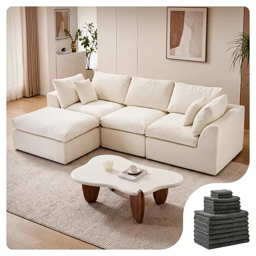Amsleekey 108in Boneless Cloud Modular L-Shaped Sectional Sofa with Ottoman, 25.6in Deep Seat Living Room Furniture, 1 Extra Washable Cover, Apartment Furniture for Watch Party (White + Grey Cover Set)