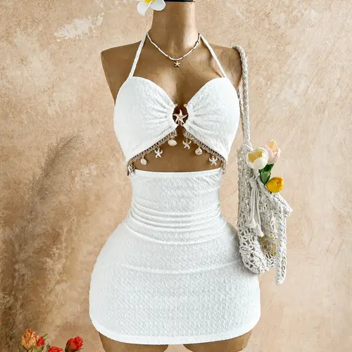 Summer Women's Casual Chic Short Hollow Out Halter Dress, Metal Starfish Embellishment, Elegant Slim-Fit Feminine Dress for Vacation, Beach, Wedding & Leisure Activities, Womenswear