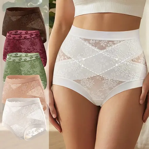 Morelect Women's High Waisted Crossover Nylon Blend Panties - Lace Trimmed, Crisscross Front Floral Print Lingerie, Comfy Breathable Soft Fabric Briefs, Brief Cut, 5/7/10 Pack, Underwear for Women, Daily Basics, Date-Night Essential