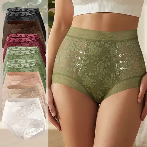 Morelect Women's Secure High-Waist Lace Basic Panties - 4/6/8 Pcs Lightweight Criss Cross Front Breathable Briefs, Multicolor Plant Print Daily Lingerie Set