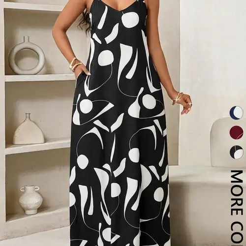 Women's Abstract Print  Dress, V Neck, Spaghetti Strap, Side Pocket, Lightweight Breathable Fabric, Summer Casual & Vacation Wear, Modern Art Style, Beach Party Dresses, Beach Sundress, Party Dress