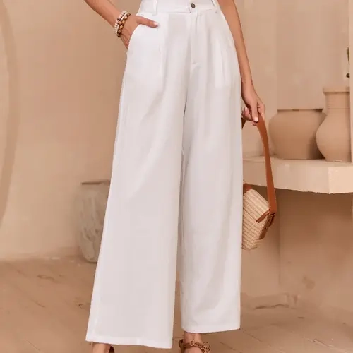Women's High Waist Linen Wide Leg Pants, Summer Casual Loose Fit Long Trousers, Elegant Plain Design, Comfortable & Stylish, Casual Fashion Bottoms