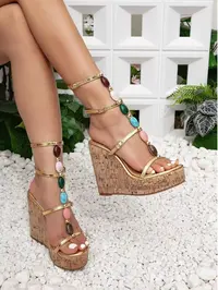 Women's High Heel Sandals, High Wedge Shoes, Thick Heel Shoes, Bohemian Colorful Artificial Gem Chunky Sole Roman Shoes, Comfortable and Stylish Footwear, Wedge Design
