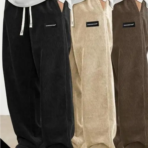 Men's 3-Pack Wide Retro Corduroy Street Vibe Baggy Sweatpants - Black,Brown,Green,Grey,Khaki - Loose Fit,Elastic Waist,Drawstring,Patch Logo,Polyester - Autumn Winter Mix-and-Match Bottoms - S-3XL Adjustable Menswear Pants,Corduroy Vibes