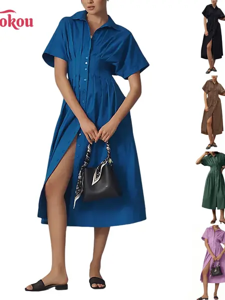 Yeokou Women's Button-Down Shirt Dress - Short-Sleeve, Loose, Pleated Maxi Sundress with Pockets, Basic Casual Wear for Summer, Women's Clothes,summerwins,summeroutfits,vacationoutfits,beachoutfits