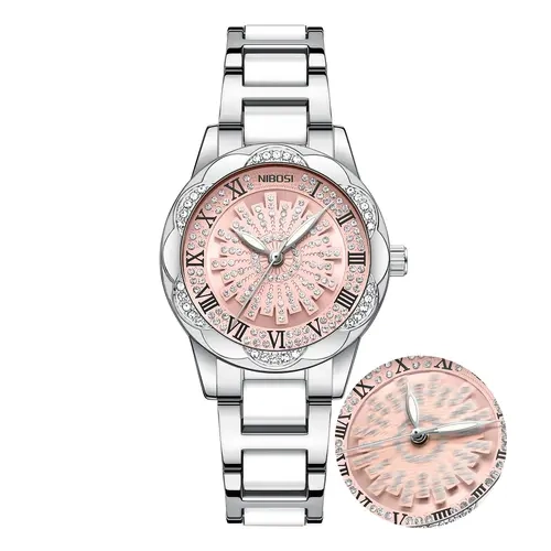 NIBOSI Women's 360° Rotating Dial Fashion Watch - Alloy Case, Zircon Sparkle, Starry Sky Shine, Analog-Digital Quartz Dial, Buckle Closure, 30M-50M Water Resistance, Dressy Gift with Exquisite Box