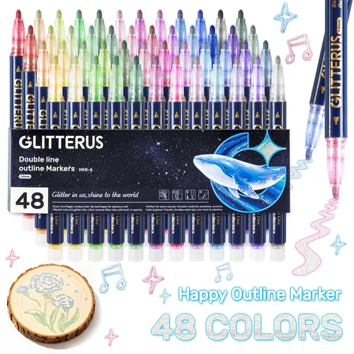 Glitterus Outline Shimmering Markers & Glitter Metallic Gel Pens with Cute Patterns, Floral Pattern, Rollerball Tip - Office Art Supplies for Back to School, Tween Girl Christmas/Birthday Gifts