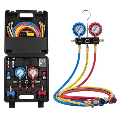 VEVOR 4-Way AC Manifold Gauge Set for R134a, R404A, R1234yf, R22 Refrigerant, Auto HVAC Tool with 5 ft Hoses, Brass Fittings, Quick Couplers, Can Taps, Colorcoded Dual-Scales Dials for Automotive AC Maintenance