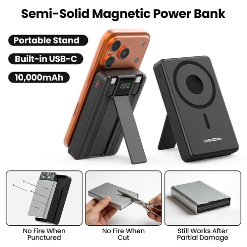Digiera 3 in1,10000mAh MagSafe Wireless Power Bank, Dual USB-C & Lightning Cables，2026 Heat-Control Technology Power Bank, Compatible with iPhone 17/16/15/14/13/12 Series,LED Display, Built-in Type-C Cable, Fast Charging, Compact Travel Charger