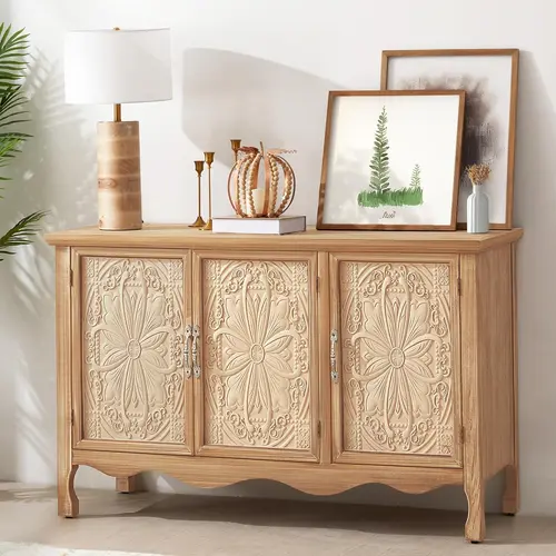 【Summervibes】RoyalCraft L Farmhouse Sideboard Buffet Cabinet with Storage, 49" Solid Wood Credenza Buffet Table Coffee Bar Wine Bar Storage Cabinet with 3 Doors for Dining Room Living Room Hallway, (Provence Grain)