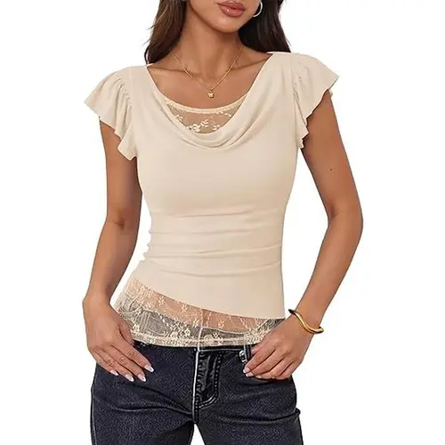 ZESICA Women's Casual Short-Sleeve Lace Top - Cowl Neck, Solid Color, Chic, Classy Going Out, Trending Work Blouse, Shortsleeve