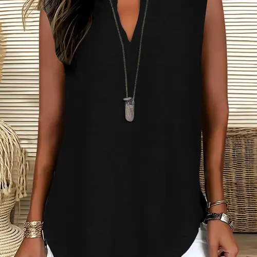 Women's Plain Solid V-Neck Loose Simple Versatile Vintage Sleeveless Shirt Vest, Casual Fashion Top for Daily Wear, Stylish Ladies' Clothing