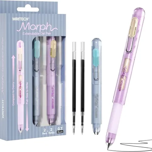 WRITECH Morph Extendable Gel Pen: 0.7mm Medium Point Black Ink Pocket-to-Full-Size Design Translucent Soft Grip Barrel Includes 2 Pens and 2 Refills Dual-Length Pocket Pen 4.6" to 6.1"