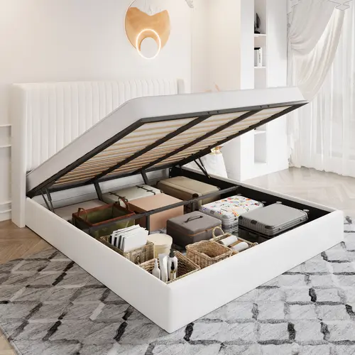 HOOMIC Lift Up Storage Bed Frame – Sturdy Upholstered Platform Bed with Hydraulic Lift, Vertical Channel Wingback Headboard, No Box Spring Needed, Easy Assembly,Full/Queen/King, Black/White/Grey/Cream White