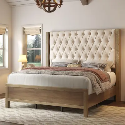 VanAcc Solid Wood Bed Frame, 57" Tall Farmhouse Platform Beds, Upholstered Line Wingback Headboard, Deep Button Tufted, No Box Spring Needed, Easy Assembly #TikTokShopFallDealsForYou