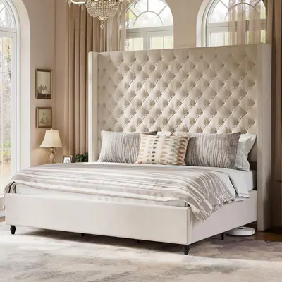 VanAcc Bed Frame with 63" Tall Headboard, Upholstered Wingback Platform Design, Handcrafted Pleats & Deep Button Tufted, Solid Wood Legs, No Box Spring Needed #TikTokShopFallDealsForYou