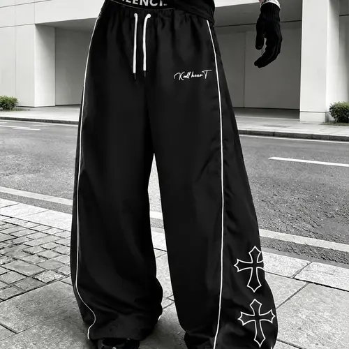 Men’s Casual Loose Fit Long Pants - Menswear with Cross Motif, Embroidery, Reflective Striped Trim, Drawstring Design - Stylish Versatile Spring/Summer Straight-Leg Pants for Everyday Wear, Fitness