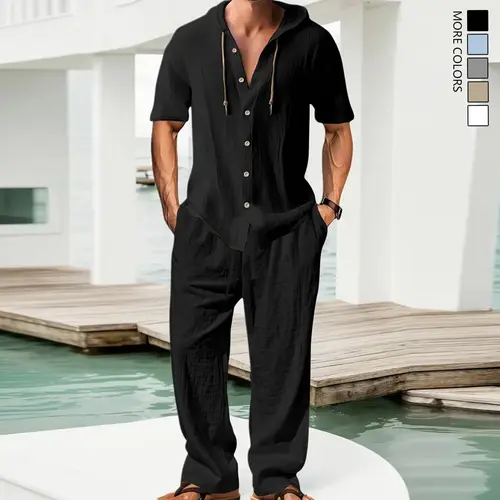 Men's 2-Piece Loose-Fitting Linen Clothing Set - Shortsleeve Hooded Button-Down Shirt & Plain Straight Pants, Minimalist Casual Beach Holiday Menswear for Easy Movement