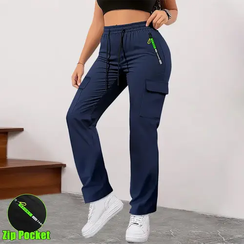 Women’s cargo pants with multiple pockets for spring and autumn—thin, straight-leg casual long pants featuring zippered pockets and an elastic waistband, suitable for outdoor sports and everyday outings., Bottom, Basic,summerwins,summeroutfits,vacationout