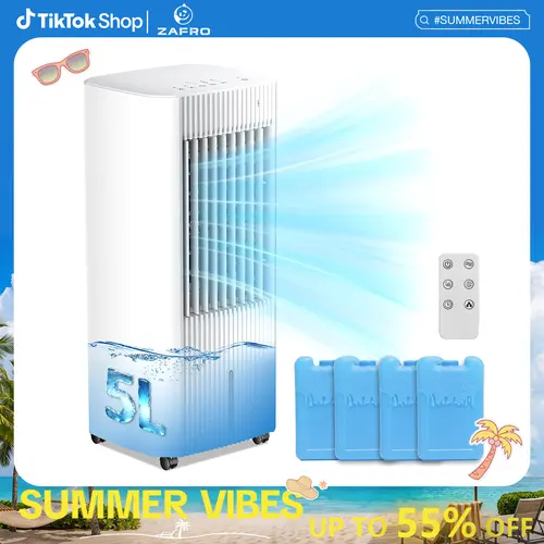 【DealsForYouDays】ZAFRO Portable Evaporative Air Cooler,3 In 1 Swamp Cooler with 4 Ice Packs,15H Timer,3 Speeds & 3 Modes,Remote,Cooling Fan for Bedroom,Living Room,Office,Pet-Friendly, Bladeless Fan, Multifunctional Fan