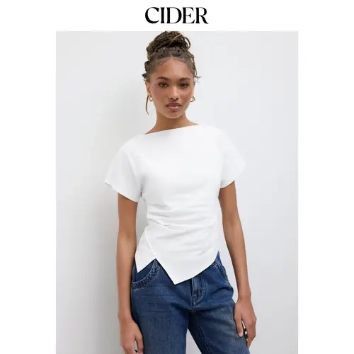 Cider Cotton-blend Boat Neck Ruched Asymmetrical Hem Tee