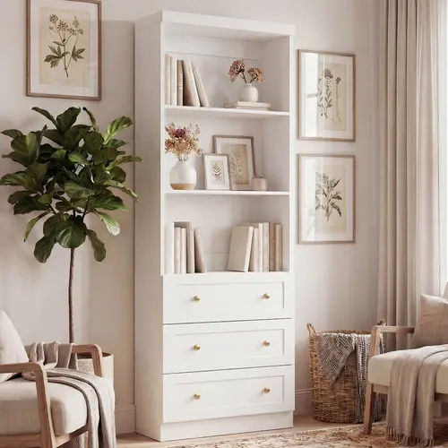 80 Inch Tall Storage Bookcase with Drawers, Modern Bookshelf with Open Display Shelves & Hidden Storage, Freestanding Organizer Cabinet for Bedroom, Living Room and Home Office