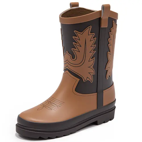 Kids' Cowboy Style Rubber Rain Boots - Mid-Calf (Above the Ankle But Below the Knee), Non-Slip, Waterproof, Round Toe, Slip-On, Comfy Fit, Pull Tabs, Outdoor Wear, Gardening, Mud Puddles Use, Toddler to Big Kid Boys & Girls