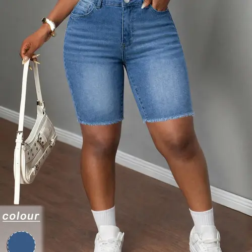 Women's High-Waisted Ripped Denim Jeans, Slim Fit Knee-Length Pants, Casual Button Fly Distressed Ripped Design, Perfect for Everyday Wear Bottom