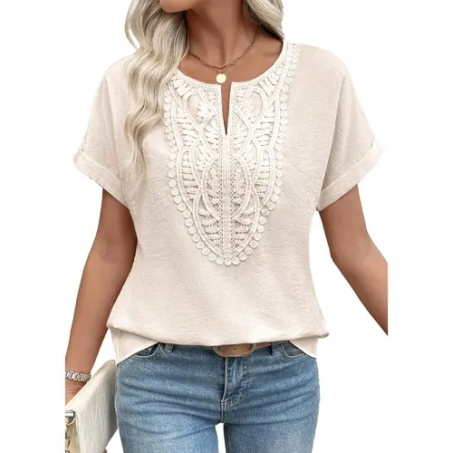 EVALESS Women's Chic Linen Pattern Batwing Short Sleeve V-Neck Cute Shirts - Business Casual Flattering Tops, Loose Summer Blouses for Work, 2026 Womenswear Outfits