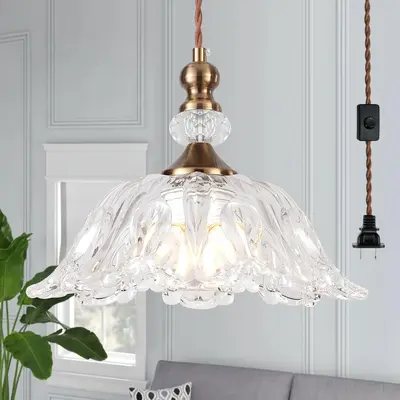 Vintage Small Glass Pendant Light Fixtures for Kitchen Island Farmhouse Brass Gold Adjustable Hanging Ceiling Light for Bedroom Coffee Shop Dining Room Sink Table