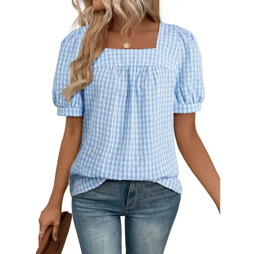 EVALESS Women's Fitted H-Type Square Neck Short Sleeve Checkered Patterned Cotton-Blend T-Shirt, 2026 Summer Breezy Brunch-Ready Fabric Tunic Blouse