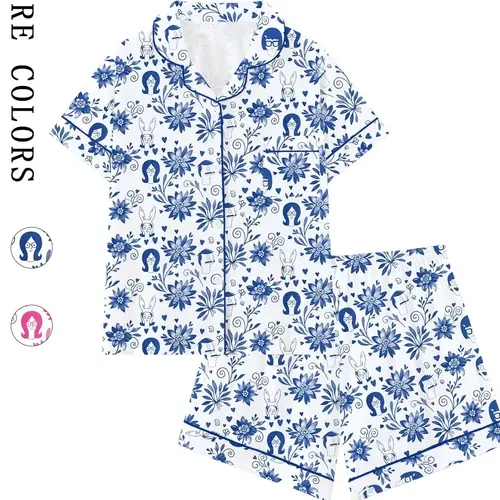 Cute Bob's Burgers Themed Cartoon Print Lapel Collar Short Sleeve Pajama Set, Two Piece Loungewear, Pyjamas, Collared, All Seasons Nightwear, Loungewear, Homewear, Suitable for Sleep Party, Comfortable Pajamas, Pjs, Ideal Gift