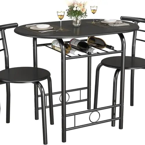 【familyfun】3-Piece Table+Chair Wooden Round Set, Durable Minimalist Apartment Furniture with Wood Grain Tabletop, Metal Frame, Built-in Wine Rack, Bar Counter for Kitchen Breakfast Nook, Balcony Tea Spot (Black)