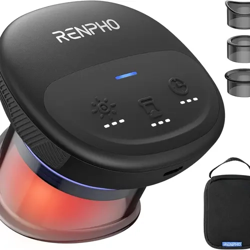RENPHO Emberace Cup Smart Cupping Massage Device for Adults, Cordless Back Massager with 3 Suction Levels (-55KPa Max), 850nm Infrared Heating, 70 Min Runtime, 3 Heads, Multi-Device Sync, Storage Pouch, Plastic, Rechargeable Fast-Charging Batteries