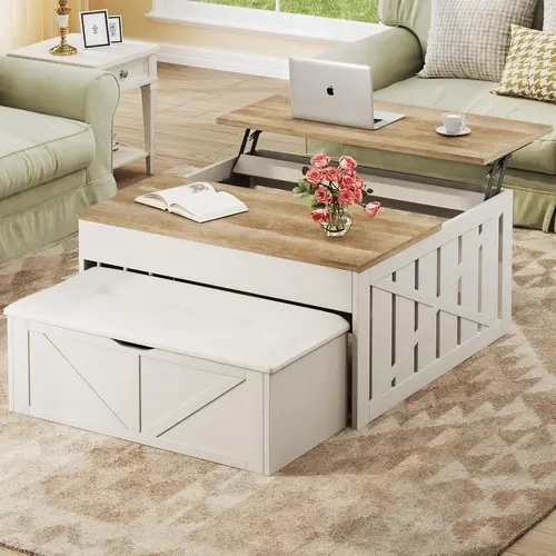 Coffee Table, 31.5 Lift Top Coffee Tables with Storage Hidden Compartment, Farmhouse Coffee Tables with Ottoman Bench, Center Table with Wooden Lift Tabletop for Living Room, White