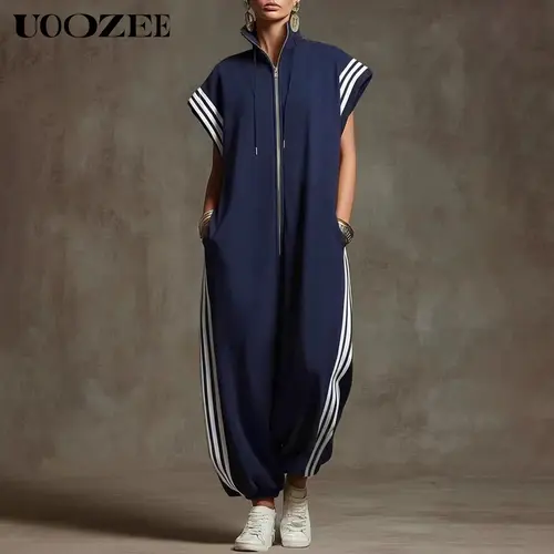 UOOZEE Women's Plus Size Cap-Style Overalls - Baggy, Chunky Polyester Sleeveless Striped Sporty Jumpsuit with Drawstring, Elastic Waist, Zipper Collar, Pockets, for Streetwear, Loungewear (Plus Size Clothes, Streetwear Clothing for Women, 2XL(20-22))