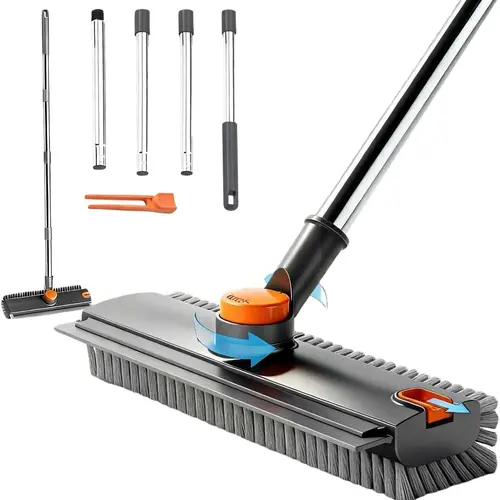 Scrub Brush with Long Handle 3 in 1 Shower Scrubber Floor Broom Squeegee for Concrete Tile Wall Deck Patio Grey 180° Stiff Bristle Brush Full Rotation Smooth Silicone Squeegee Adjustable Extended Handle Rotating Scrubbing Stick