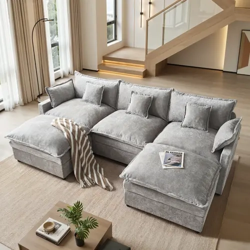 【2/3 Packages Shipping】OVIOS 110" Oversized Cloud Couch, Deep Seat Chenille Sectional Sofa with 2 Movable Ottomans, Modular U-Shaped 3-Seater with Soft Cushions for Living Room, Bedroom & Apartment