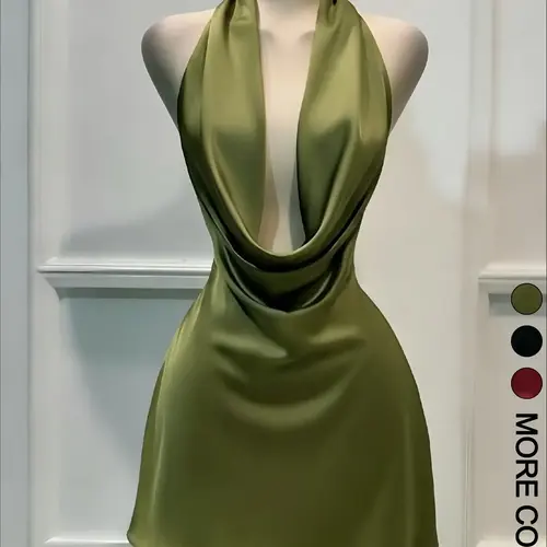 Women's One Piece Halter Mini Dress Cowl Neck Design, Tie Back Closure, Open Back Cut, A‑Line Skirt, Club Party Dress
