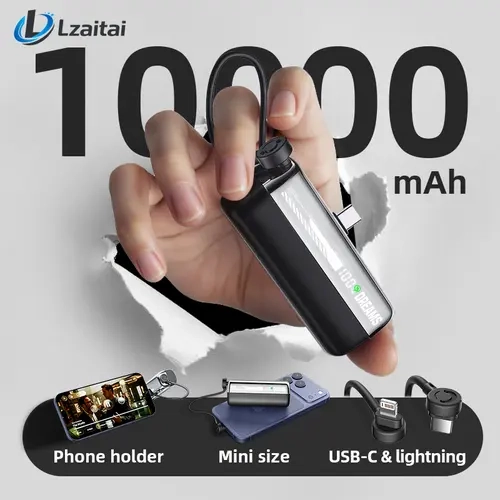 10000mAh Compact PD20W Fast Chargeable Power Bank, Built-in Cable Mini Mobile Accessory with USB-C & Lightning Dual Connectors, Multi-Charge Portable Battery Pack for iPhone15/16 Pro Max Devices
