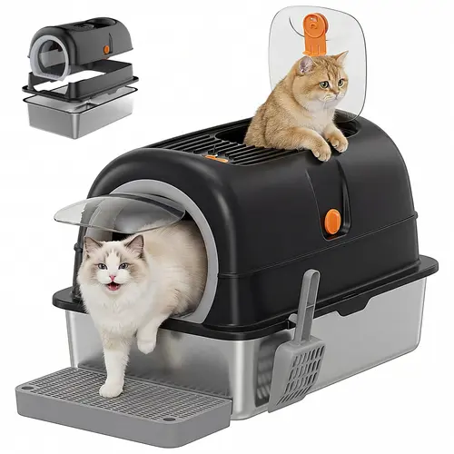 Sweetcrispy Premium Rust-Free Solid Stainless Steel Covered Litter Box - XL 23.6 x 15.7 x 11.8 Inches Metal Litter Box with Lid, High-Walls Anti-Leakage Enclosed Tray, Easy-Clean Odor-Proof, Claw-Filter Entry for Large Cats, Includes Scoop & Non-Slip Mat