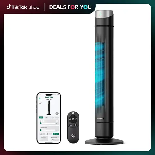 ZAFRO Tower Fan (36/42 in) - AC-Powered Floor-Mounted, Fan for Bedroom, App & Digital Control, 28ft/s Airflow, 4 Modes, 12 Adjustable Speeds, 120° Oscillation, 22dB Quiet, Detachable Cleaning, Auto Temp Sensor, Sleep-Friendly, Portable, Power Off Memory