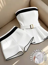 Colorblock Binding Waist Crop Top and Shorts Set Fashionable-Fit for All Seasons, Perfect for Office, Dates, Parties, Travel Sheer