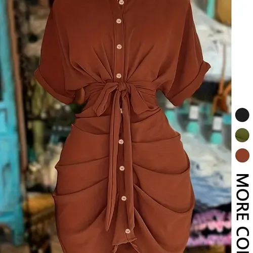 Women's Casual Tie Waist Ruched Button Shirt Dress, Short Sleeve, Non-Elastic, Comfortable & Stylish, Perfect for Summer Daily Wear