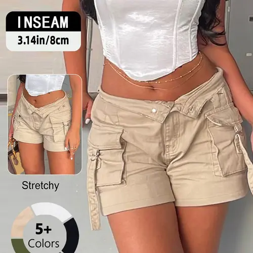 Women's Khaki Comfort Cotton Cargo Shorts Bottoms, Womenswear, High Waist Casual Summer Shorts with Multi Pockets, Utility Streetwear for Beach & Outdoor, Soft Breathable Fabric, Side Tie Detail, Y2K & Casual Outfit Essential