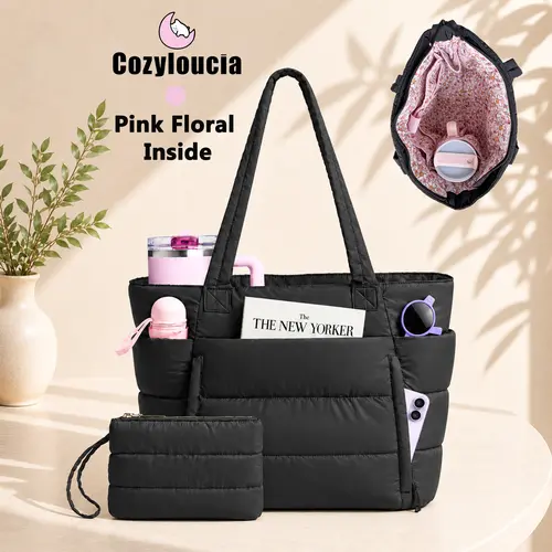 [DealsforYouDays] Coyzloucia Tote Bag with Floral Pint inside, Lightweight Puffy Work Handbag Teacher Nurse Quilted Shoulder Bag for School Travel Gym | Cloud Bag, Daily College Bags, 15.6" Laptop Bag, Clinical Nursing Bag, SummerVibes, SummerWins,
