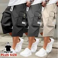 Men's plus size summer work pants - elastic drawstring waist circumference, multiple pockets and letter patches, regular mid waist non elastic fabric, opaque, suitable for daily and casual wear, Father's Day gift casual pants for summer